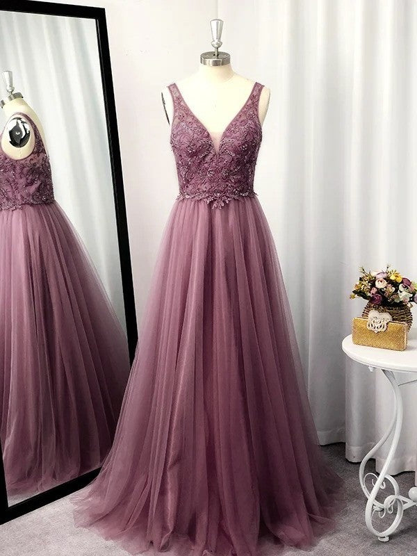 A-Line/Princess Sleeveless Tulle Floor-Length Applique V-neck Dresses DFP0004565