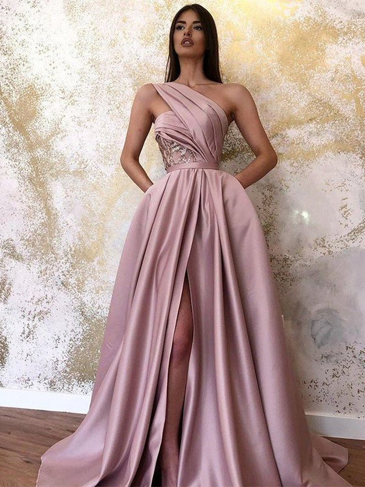 A-Line/Princess Satin Sleeveless Ruched One-Shoulder Sweep/Brush Train Dresses DFP0001415