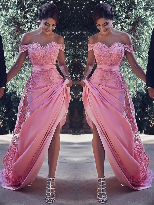 Sheath/Column Off-the-Shoulder Sleeveless Sweep/Brush Train Silk Like Satin Dresses DFP0001591