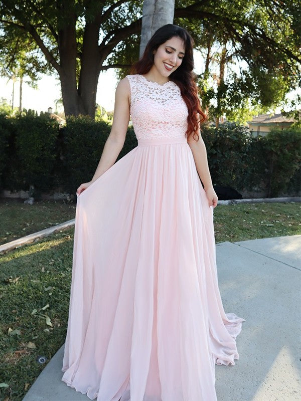 A-Line/Princess Sleeveless Scoop Chiffon Applique Floor-Length Dresses DFP0004615