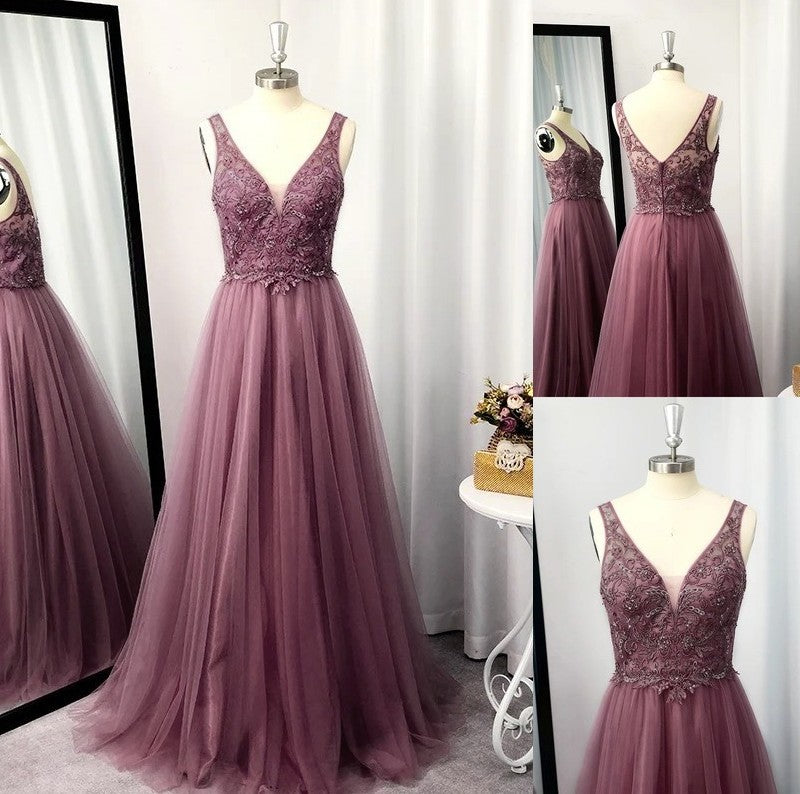 A-Line/Princess Sleeveless Tulle Floor-Length Applique V-neck Dresses DFP0004565