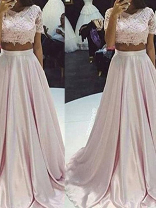 A-Line/Princess Sleeveless Scoop Floor-Length Lace Silk like Satin Two Piece Dresses DFP0002420