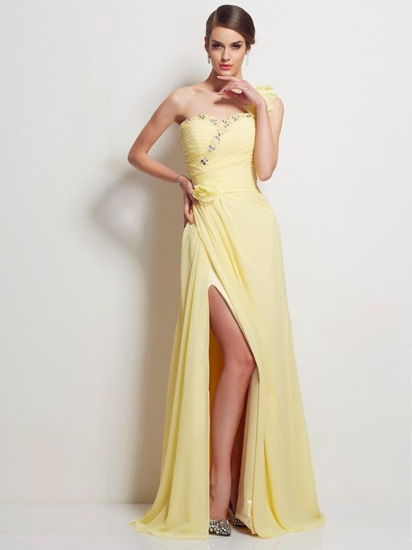 A-Line/Princess One-Shoulder Sleeveless Beading Long Chiffon Dresses DFP0004317