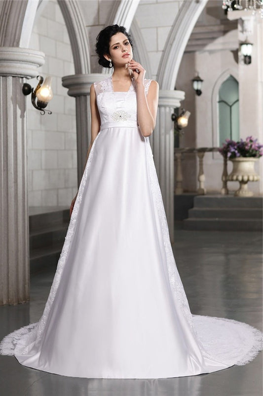 A-Line/Princess Sleeveless Lace Long Satin Wedding Dresses DFP0006908