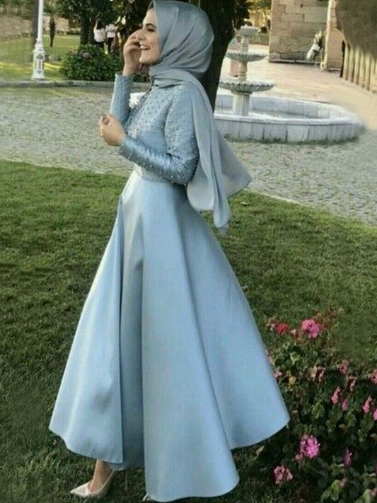 A-Line/Princess Long Sleeves Scoop Floor-Length Beading Satin Muslim Dresses DFP0003343