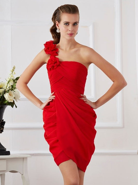 Sheath/Column One-Shoulder Sleeveless Hand-Made Flower Short Chiffon Homecoming Dresses DFP0008253