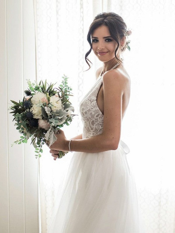 A-Line/Princess Lace Tulle Sleeveless Halter Floor-Length Wedding Dresses DFP0006596