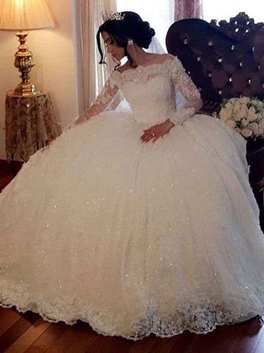 Ball Gown Bateau Long Sleeves Floor-Length Lace Wedding Dresses DFP0005988