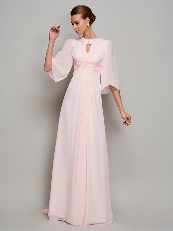A-Line/Princess High Neck 1/2 Sleeves Beading Long Chiffon Mother of the Bride Dresses DFP0007088