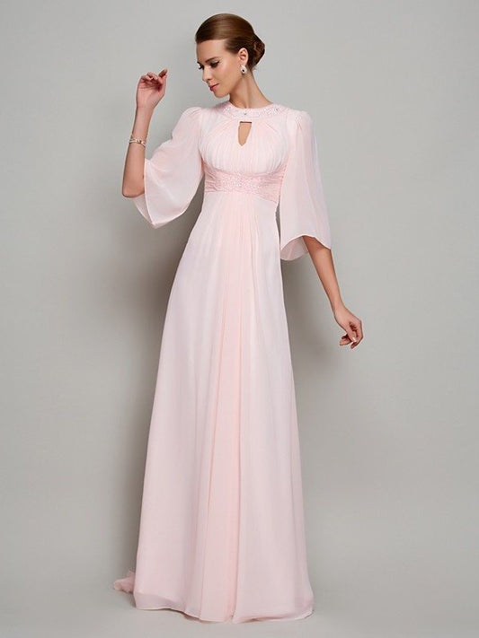 A-Line/Princess High Neck 1/2 Sleeves Beading Long Chiffon Mother of the Bride Dresses DFP0007088