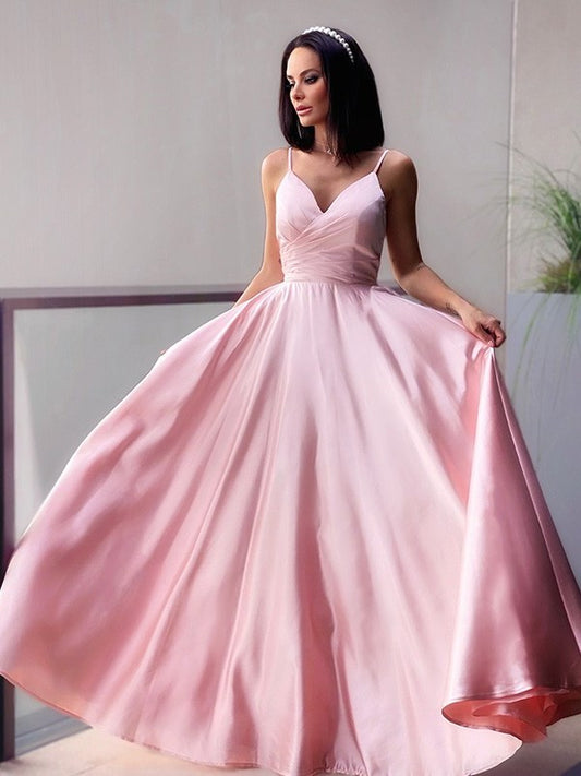 A-Line/Princess V-neck Satin Ruched Sleeveless Floor-Length Dresses DFP0001582
