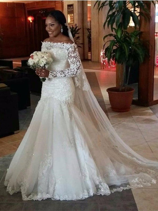 Trumpet/Mermaid Off-the-Shoulder Long Sleeves Lace Sweep/Brush Train Tulle Wedding Dresses DFP0005930