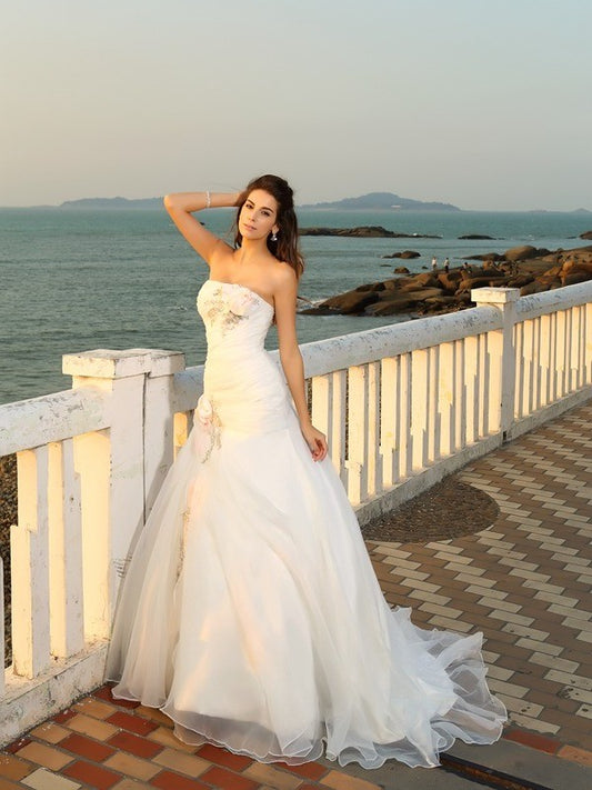 Ball Gown Strapless Hand-Made Flower Sleeveless Long Satin Beach Wedding Dresses DFP0006336
