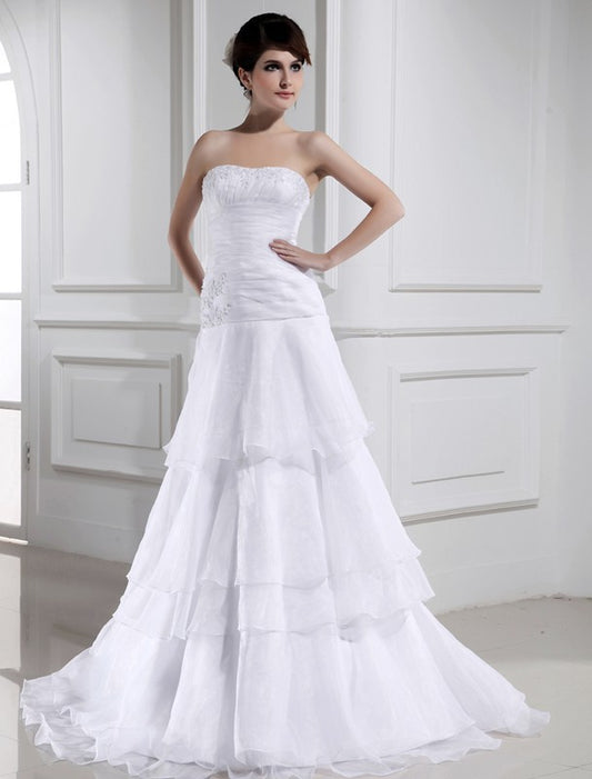 A-Line/Princess Beading Sleeveless Organza Strapless Long Wedding Dresses DFP0006997