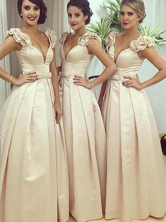 A-Line/Princess Floor-Length Satin Sleeveless Straps Bridesmaid Dresses DFP0005300