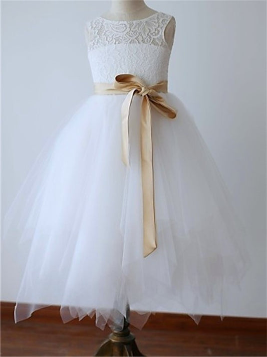 A-line/Princess Scoop Sleeveless Sash/Ribbon/Belt Tea-Length Tulle Flower Girl Dresses DFP0007533