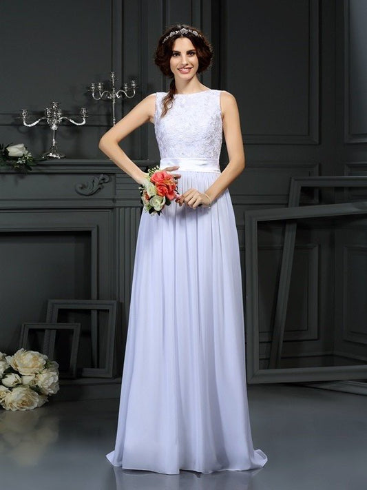 A-Line/Princess Scoop Lace Sleeveless Long Chiffon Wedding Dresses DFP0006840