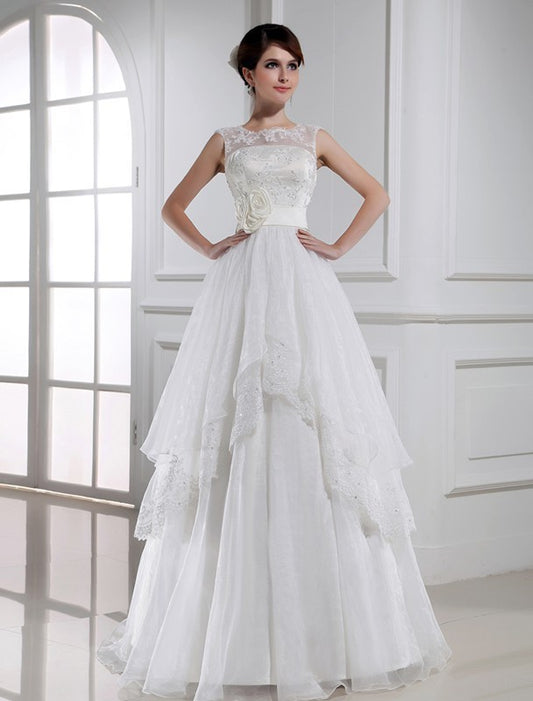 A-Line/Princess Beading Sleeveless Long Lace Organza Wedding Dresses DFP0006916
