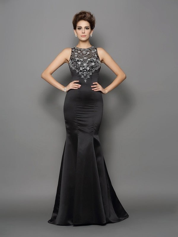 Trumpet/Mermaid Scoop Beading Sleeveless Long Satin Dresses DFP0003075