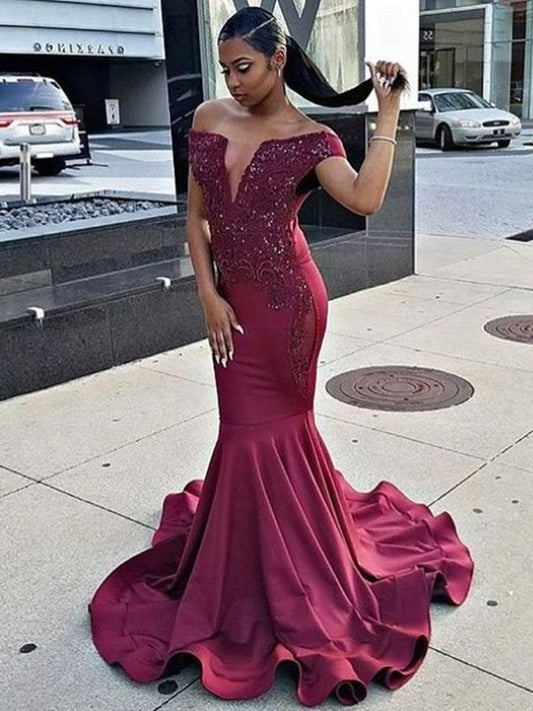 Trumpet/Mermaid Sleeveless Off-the-Shoulder Sweep/Brush Train Lace Satin Dresses DFP0002644