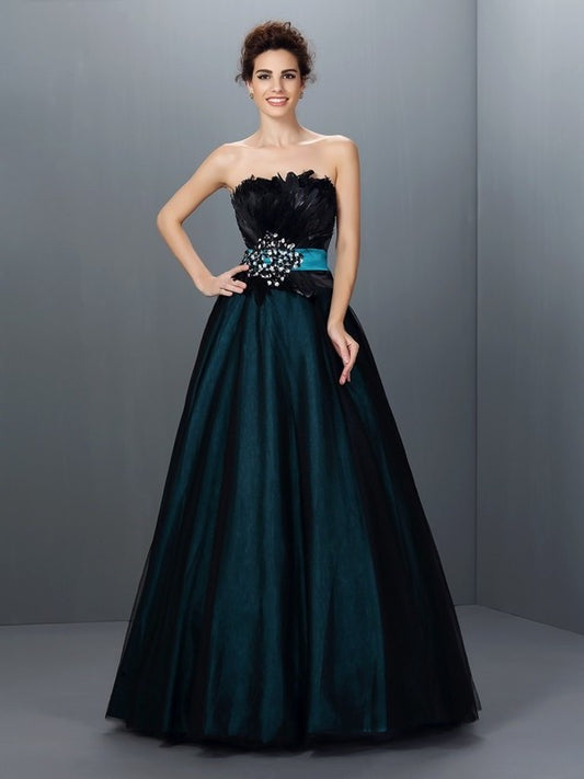 Ball Gown Strapless Feathers/Fur Sleeveless Long Elastic Woven Satin Quinceanera Dresses DFP0004004