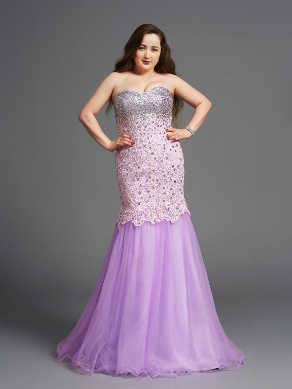 Trumpet/Mermaid Sweetheart Beading Sleeveless Long Net Plus Size Dresses DFP0003983