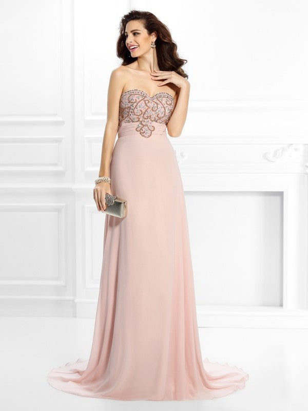 A-Line/Princess Sweetheart Beading Sleeveless Long Chiffon Dresses DFP0004216