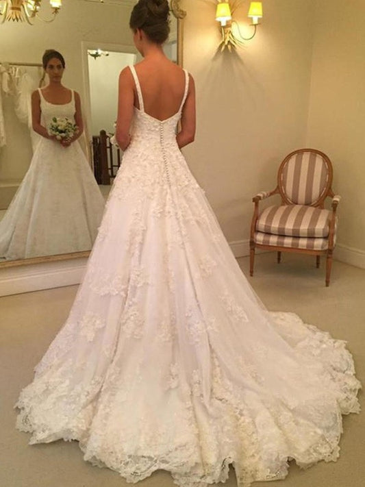 A-Line/Princess Sleeveless Straps Square Court Train Applique Lace Wedding Dresses DFP0006364