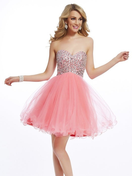 A-Line/Princess Sweetheart Sleeveless Beading Short Net Homecoming Dresses DFP0008479