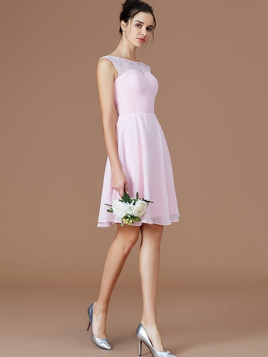A-Line/Princess Bateau Sleeveless Lace Short/Mini Chiffon Bridesmaid Dresses DFP0005679