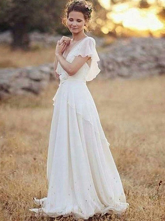 A-Line/Princess Chiffon V-neck Ruched Short Sleeves Floor-Length Wedding Dresses DFP0006035