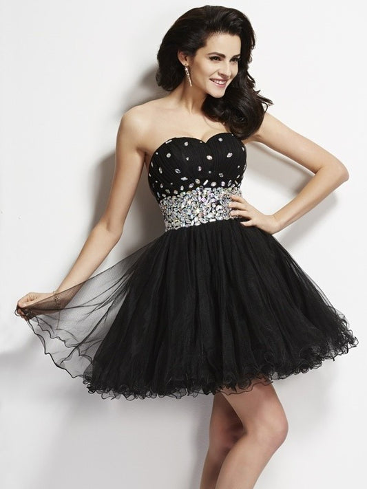 A-Line/Princess Sweetheart Sleeveless Beading Sequin Short Elastic Woven Satin Homecoming Dresses DFP0008573