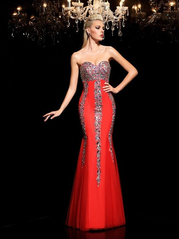 Sheath/Column Sweetheart Rhinestone Sleeveless Long Net Dresses DFP0003943