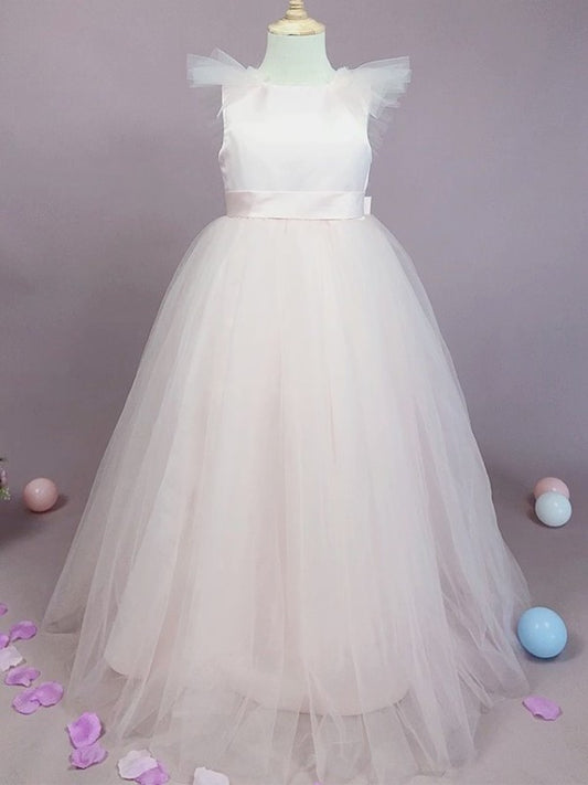 A-Line/Princess Tulle Bowknot Scoop Sleeveless Floor-Length Flower Girl Dresses DFP0007501
