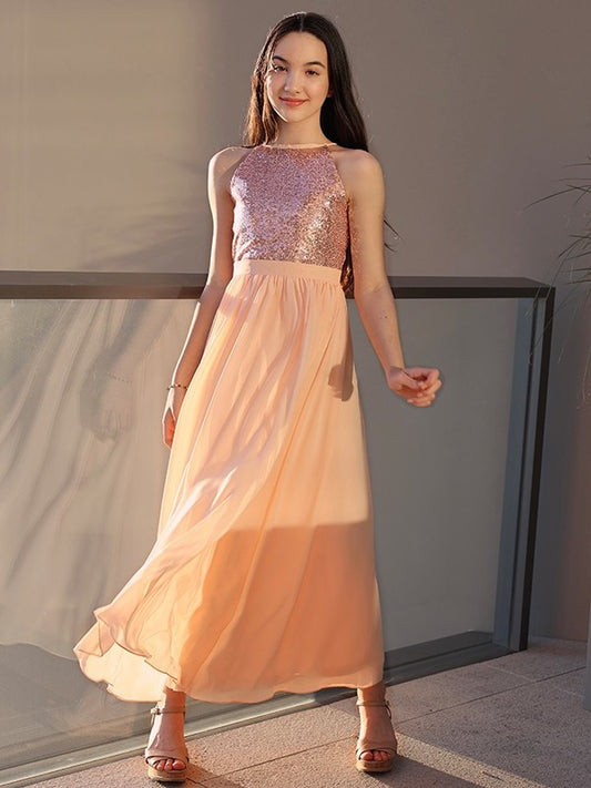 A-Line/Princess Chiffon Sequin Scoop Sleeveless Ankle-Length Junior/Girls Bridesmaid Dresses DFP0005882