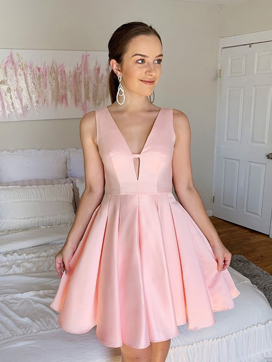 A-Line/Princess V-neck Sleeveless Ruffles Satin Short/Mini Homecoming Dresses DFP0004644