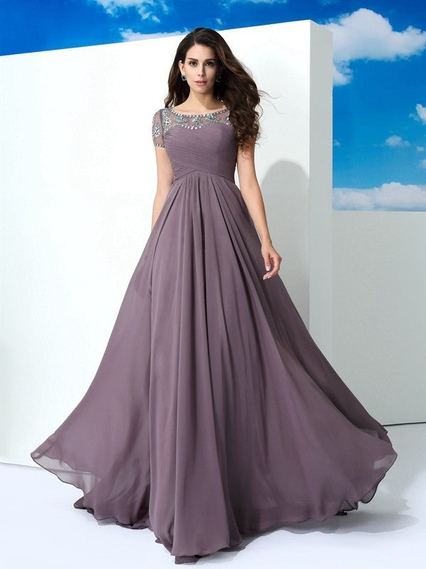 A-Line/Princess Sheer Neck Beading Short Sleeves Long Chiffon Dresses DFP0002078