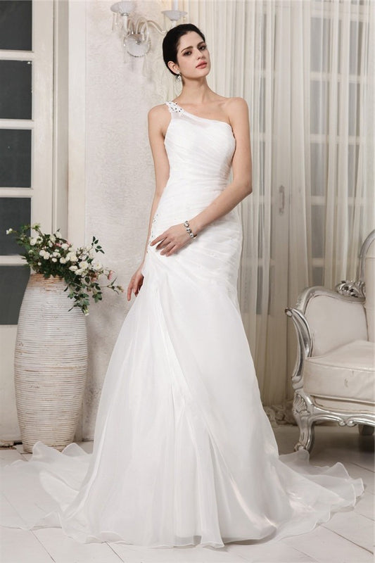 Trumpet/Mermaid One-Shoulder Sleeveless Beading Applique Long Organza Wedding Dresses DFP0006797
