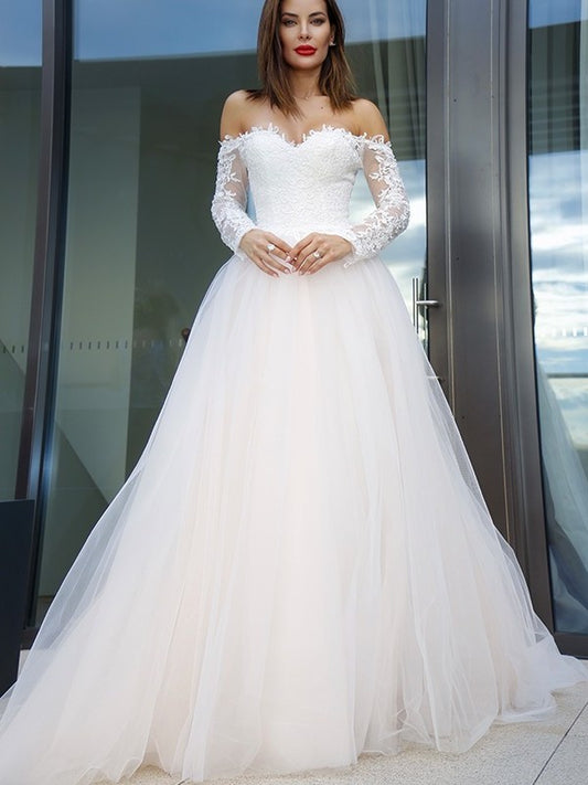 A-Line/Princess Long Sleeves Tulle Applique Off-the-Shoulder Court Train Wedding Dresses DFP0005989