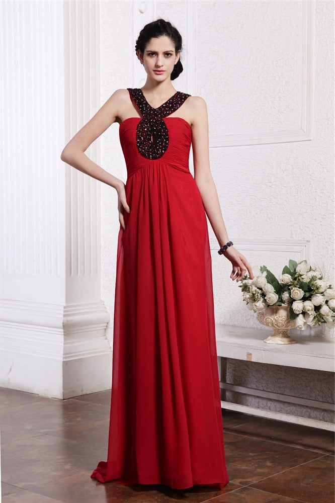 Sheath/Column V-neck Sleeveless Beading Long Chiffon Dresses DFP0004649