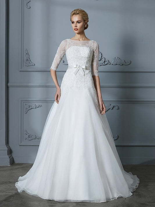 A-Line/Princess 1/2 Sleeves Scoop Lace Court Train Tulle Wedding Dresses DFP0006509