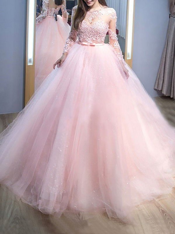 Ball Gown Jewel Long Sleeves Sweep/Brush Train Lace Tulle Dresses DFP0001809