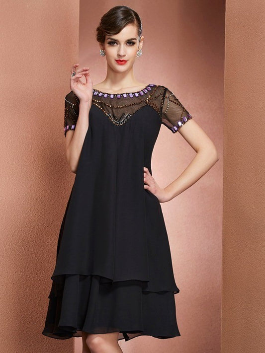 A-Line/Princess Scoop Short Sleeves Beading Short Chiffon Mother of the Bride Dresses DFP0007187
