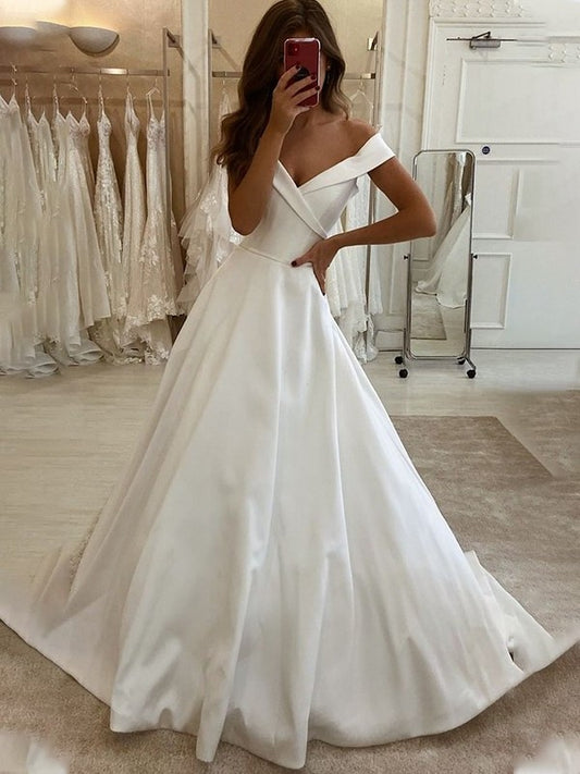 A-Line/Princess Satin Ruffles Off-the-Shoulder Sleeveless Sweep/Brush Train Wedding Dresses DFP0006171