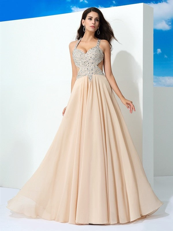 A-Line/Princess Straps Beading Sleeveless Long Chiffon Dresses DFP0002580