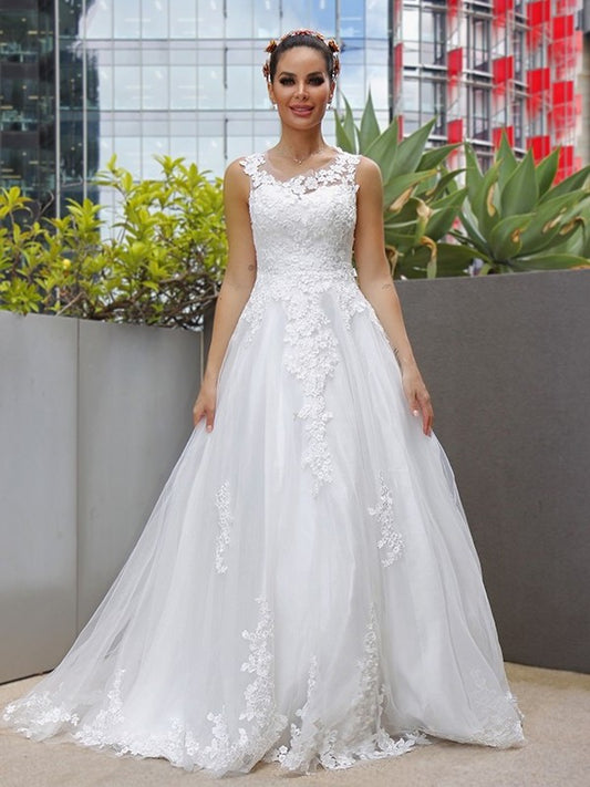 A-Line/Princess Sleeveless Tulle Lace Scoop Sweep/Brush Train Wedding Dresses DFP0006006