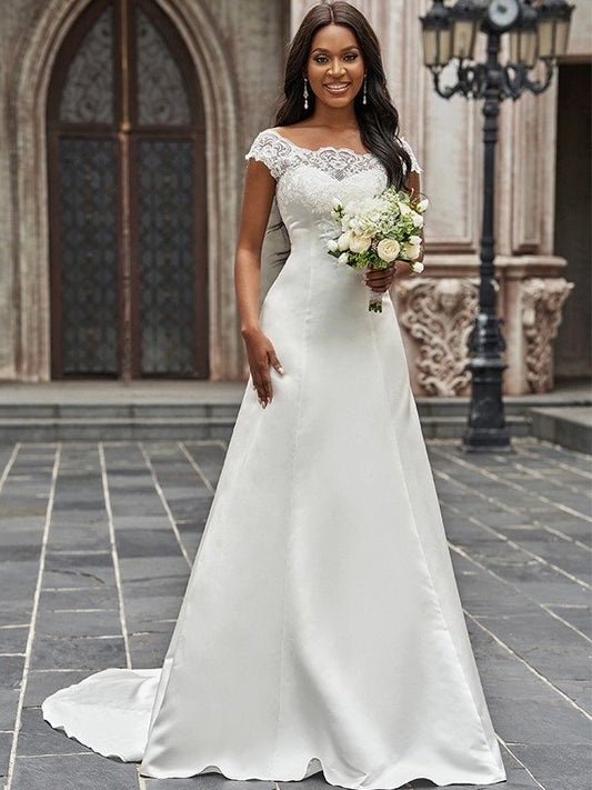 A-Line/Princess Scoop Satin Lace Sleeveless Sweep/Brush Train Wedding Dresses DFP0005925