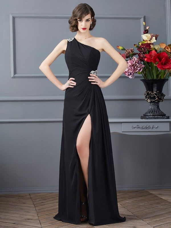 Sheath/Column One-Shoulder Sleeveless Beading Long Chiffon Dresses DFP0003092