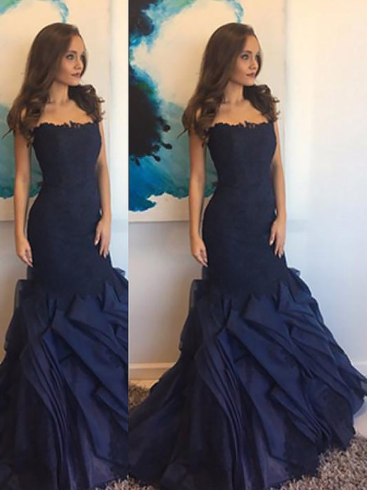 Trumpet/Mermaid Strapless Taffeta Lace Sleeveless Floor-Length Dresses DFP0002479