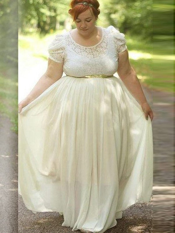 A-Line/Princess Scoop Short Sleeves Lace Floor-Length Chiffon Plus Size Dresses DFP0004211